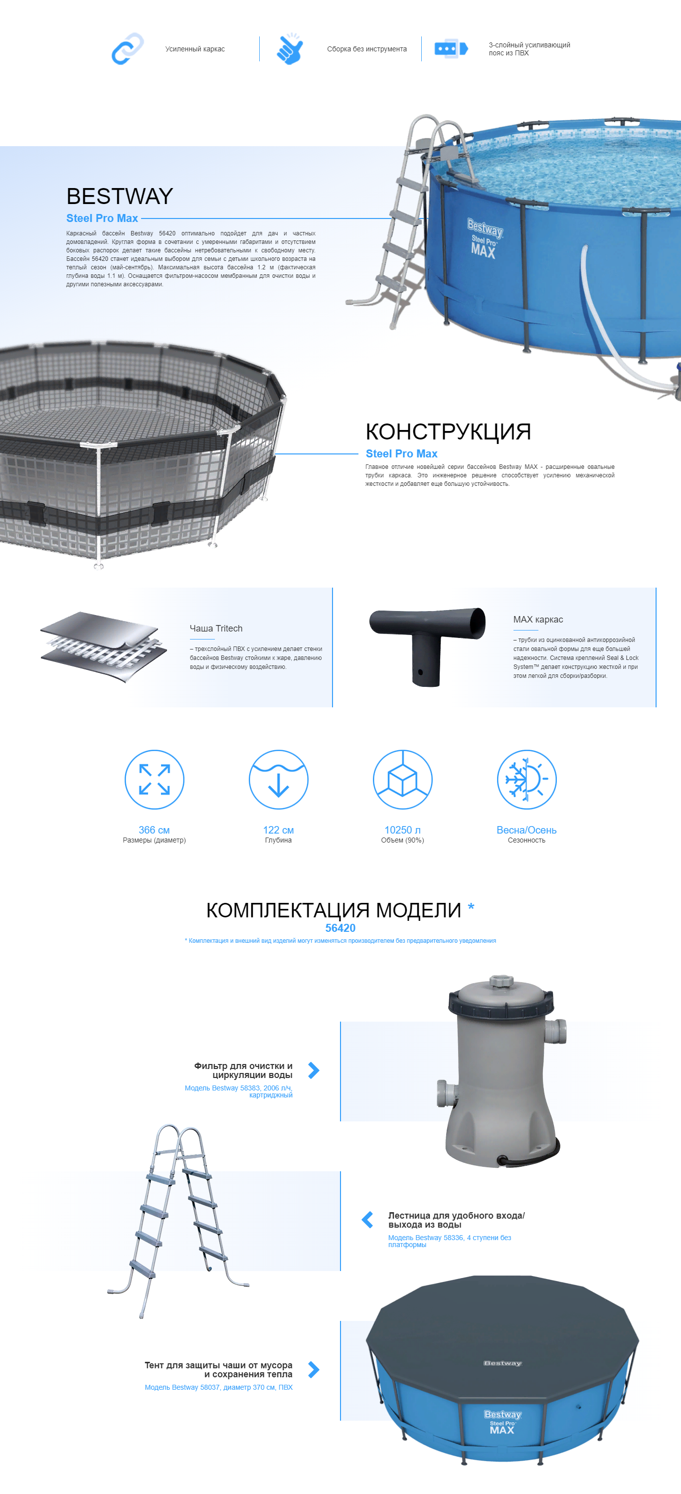 Каркасный круглый бассейн Bestway 56420 (366х122) с картриджным фильтром